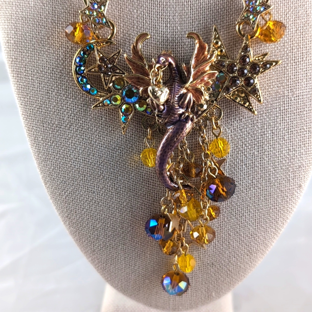 Kirks Folly Statement Necklace Celestial Dragons Fantasy Beaded Gold